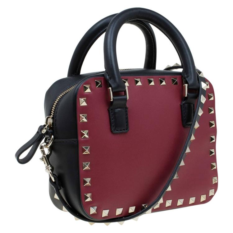 Pre Owned Valentino Red/Black Leather Mini Rockstud Top Handle Bag