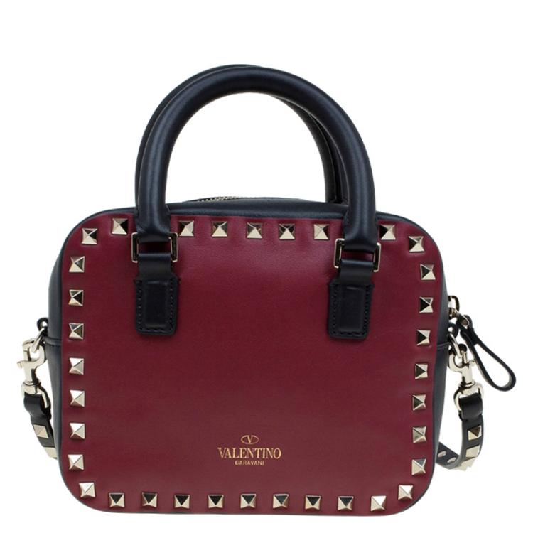 Pre Owned Valentino Red/Black Leather Mini Rockstud Top Handle Bag