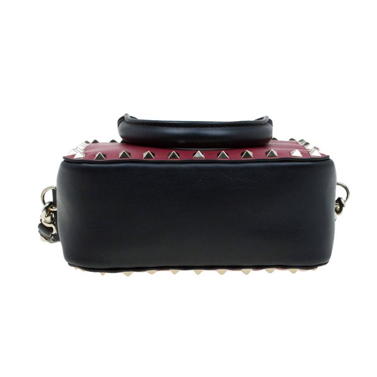 Pre Owned Valentino Red/Black Leather Mini Rockstud Top Handle Bag