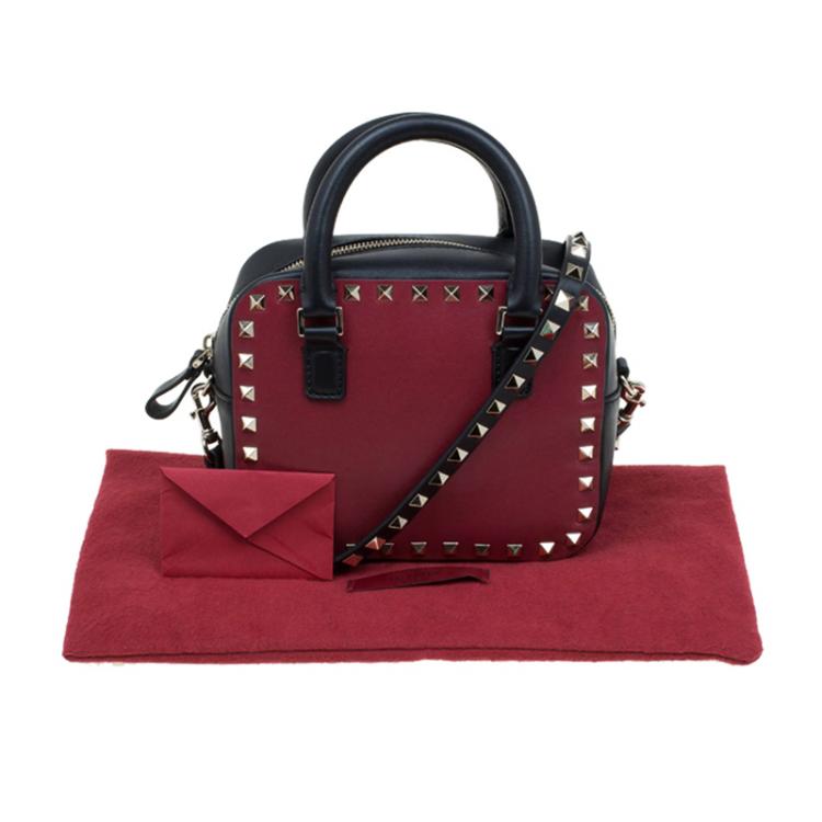 Pre Owned Valentino Red/Black Leather Mini Rockstud Top Handle Bag