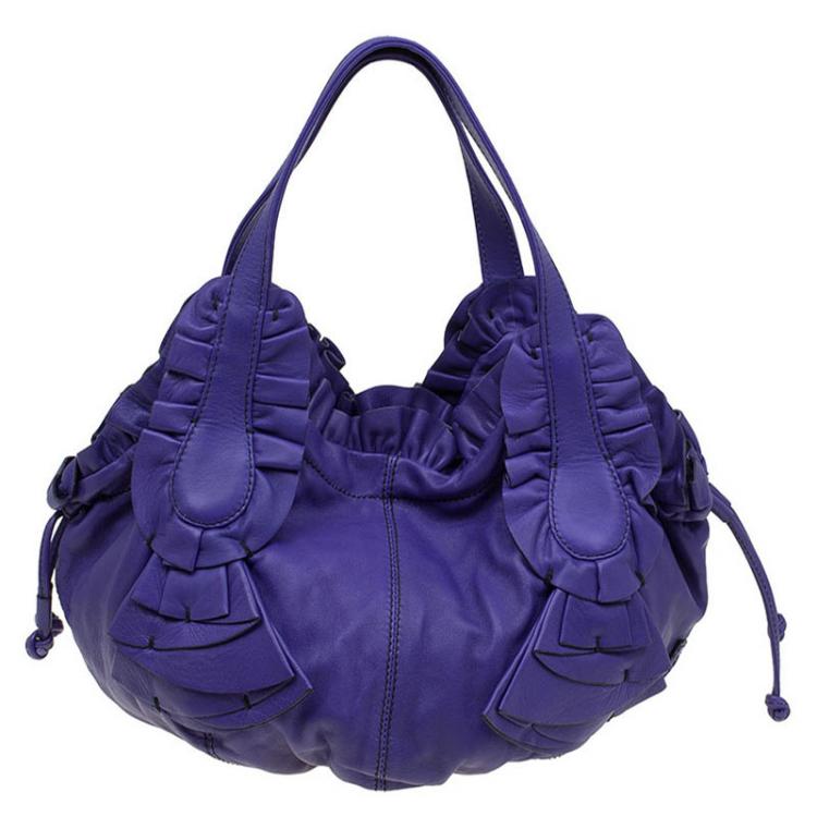 Pre Owned Valentino Purple Leather Ruffle Idylle Hobo