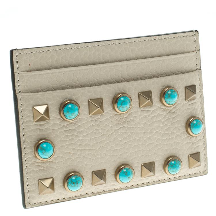 Pre Owned Valentino Off White Leather Rockstud Embellished Card Holder