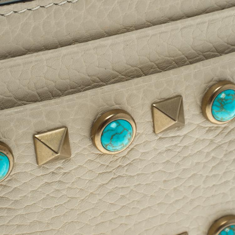 Pre Owned Valentino Off White Leather Rockstud Embellished Card Holder
