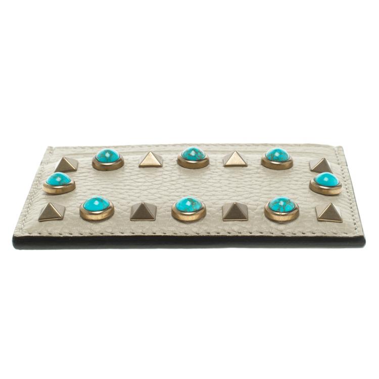 Pre Owned Valentino Off White Leather Rockstud Embellished Card Holder