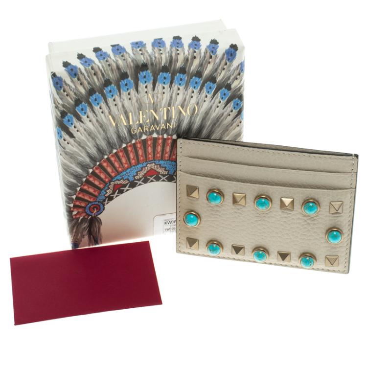 Pre Owned Valentino Off White Leather Rockstud Embellished Card Holder