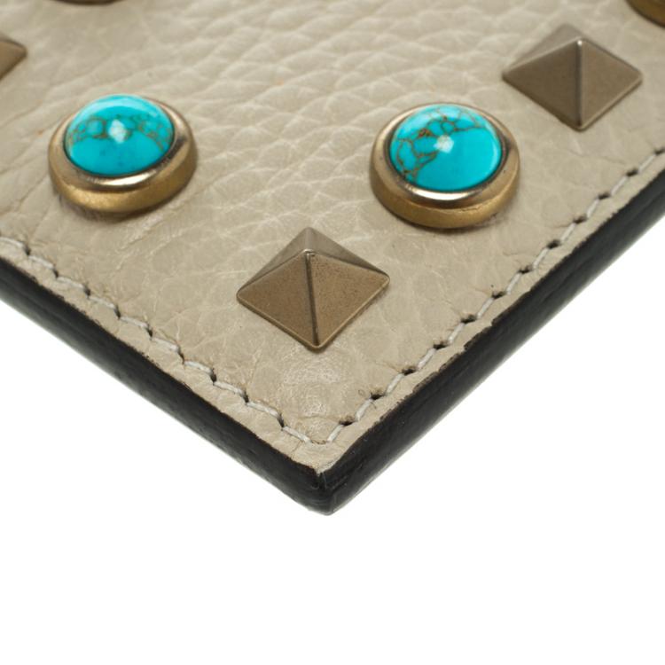 Pre Owned Valentino Off White Leather Rockstud Embellished Card Holder