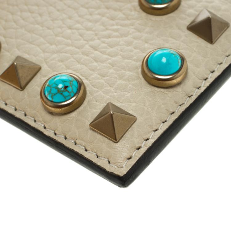 Pre Owned Valentino Off White Leather Rockstud Embellished Card Holder