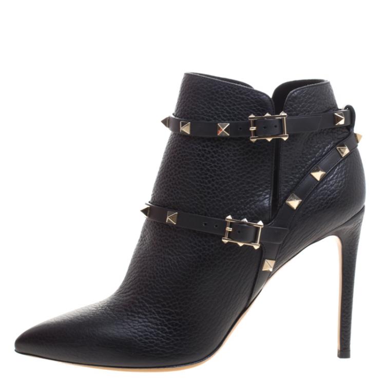 Pre Owned Valentino Black Leather Rockstud Pointed Toe Ankle Boots Size 40