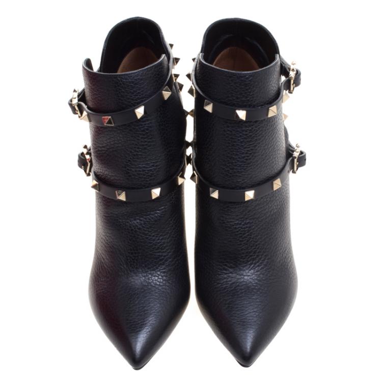 Pre Owned Valentino Black Leather Rockstud Pointed Toe Ankle Boots Size 40