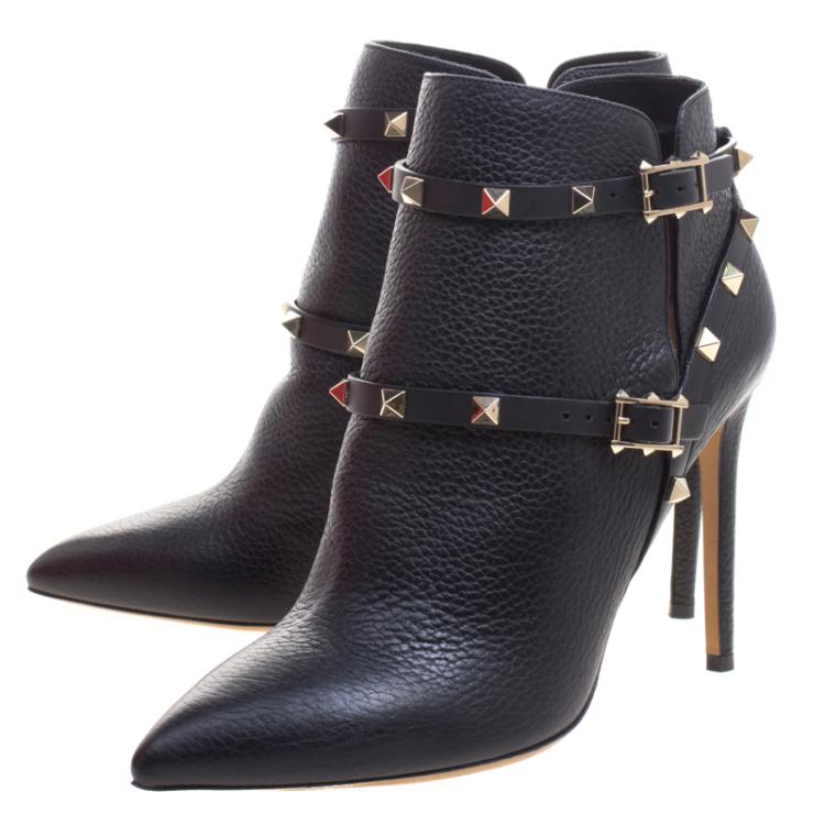 Pre Owned Valentino Black Leather Rockstud Pointed Toe Ankle Boots Size 40