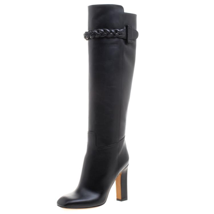 Pre Owned Valentino Black Leather Braided Strap Over the Knee Boots Size 37