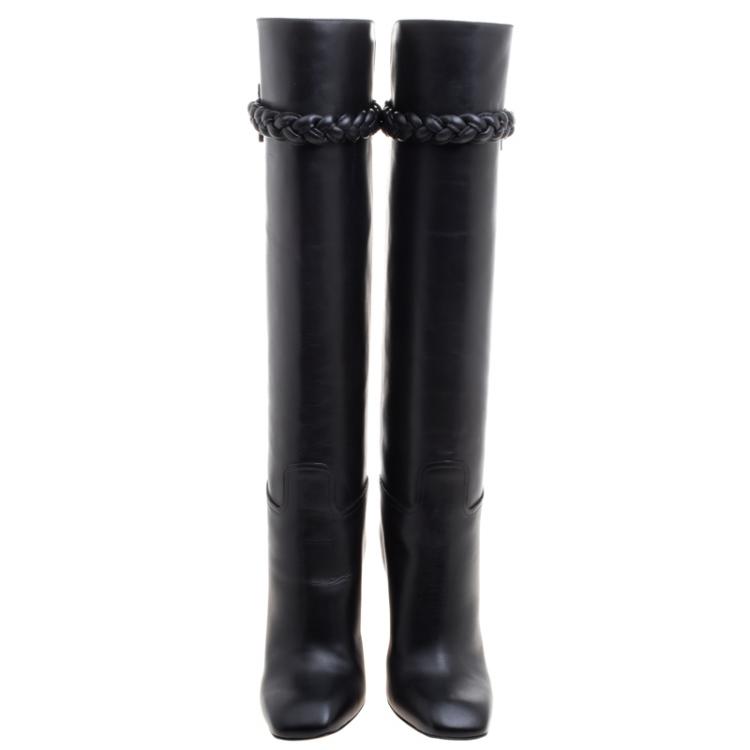 Pre Owned Valentino Black Leather Braided Strap Over the Knee Boots Size 37