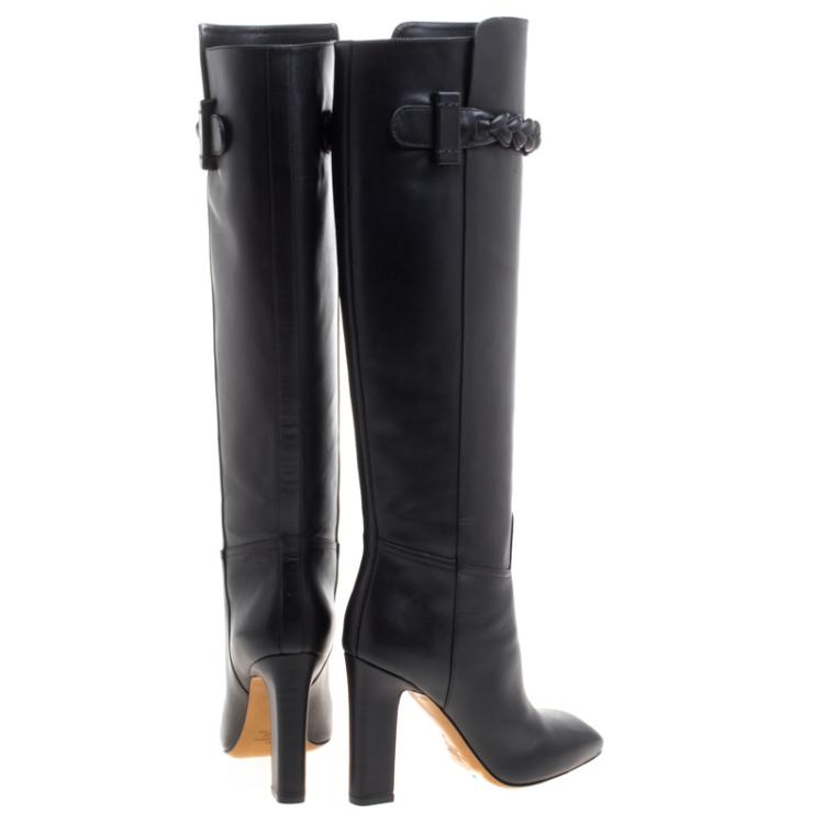 Pre Owned Valentino Black Leather Braided Strap Over the Knee Boots Size 37