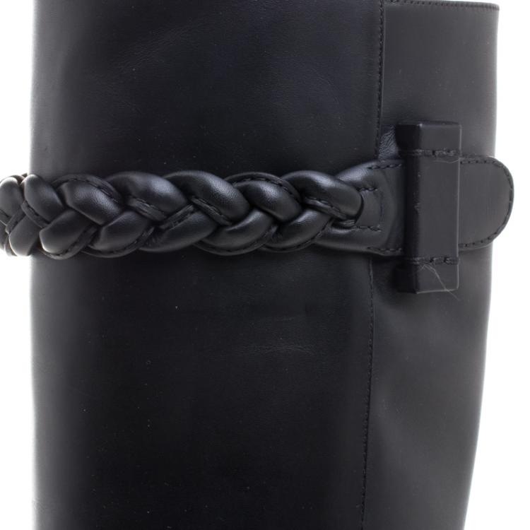 Pre Owned Valentino Black Leather Braided Strap Over the Knee Boots Size 37