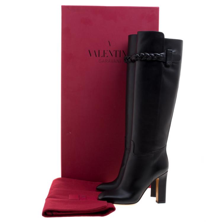 Pre Owned Valentino Black Leather Braided Strap Over the Knee Boots Size 37