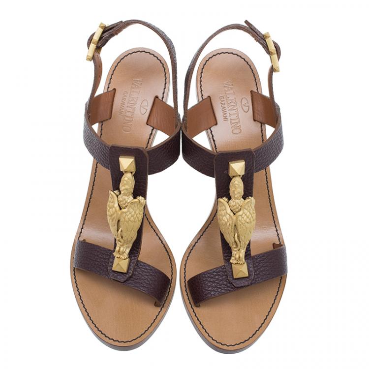Valentino Brown Leather Gryphon T Strap Sandals Size 39