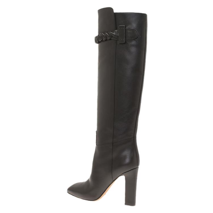 Pre Owned Valentino Black Leather Braided Over the Knee Boots Size 38.5
