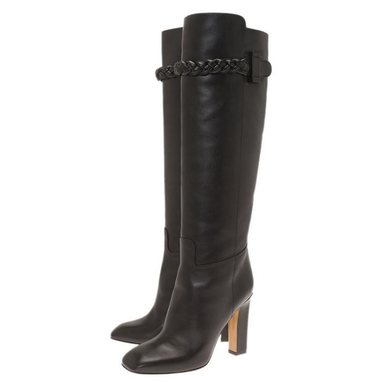 Pre Owned Valentino Black Leather Braided Over the Knee Boots Size 38.5