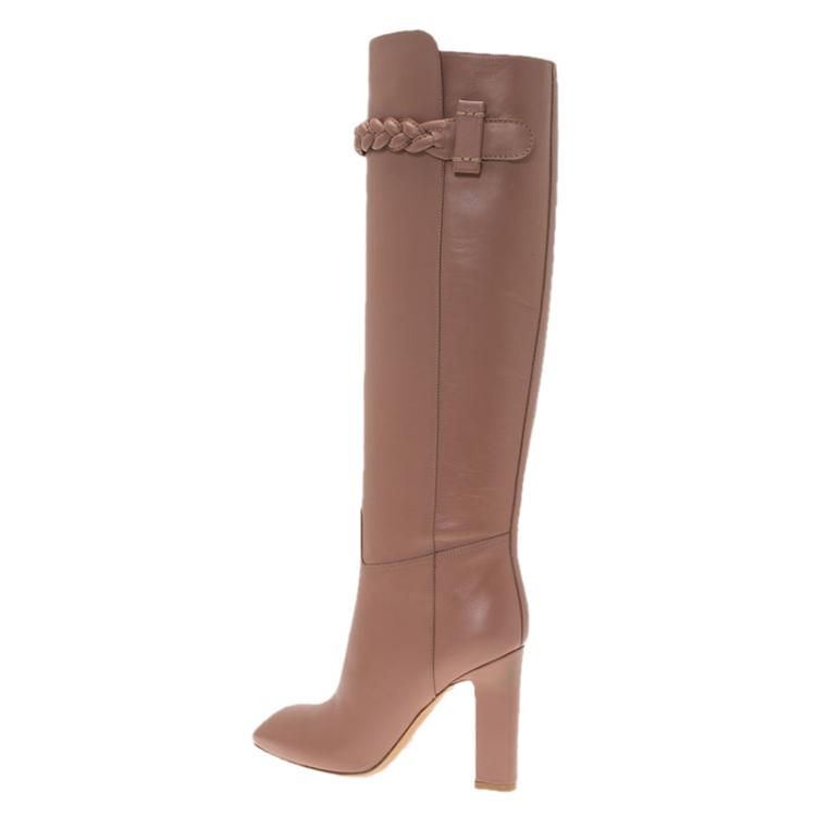 Pre Owned Valentino Blush Pink Leather Braided Over the Knee Boots Size 36.5