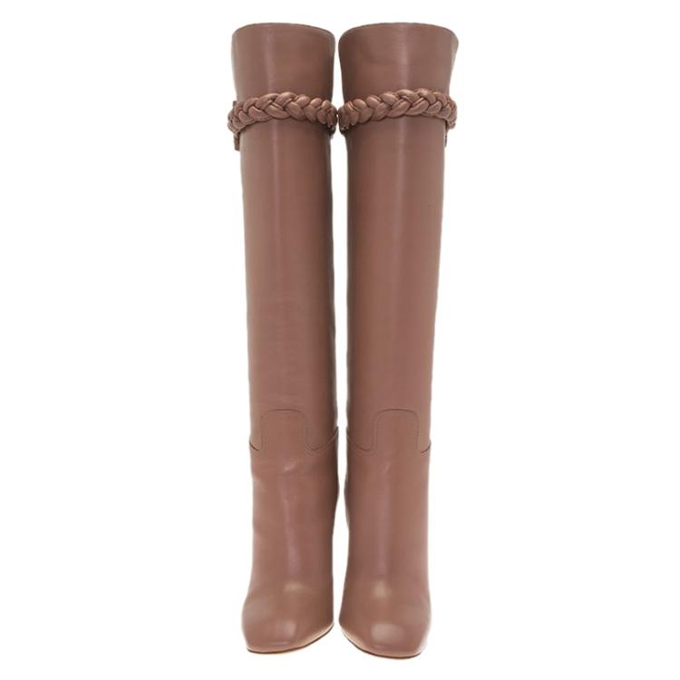 Pre Owned Valentino Blush Pink Leather Braided Over the Knee Boots Size 36.5