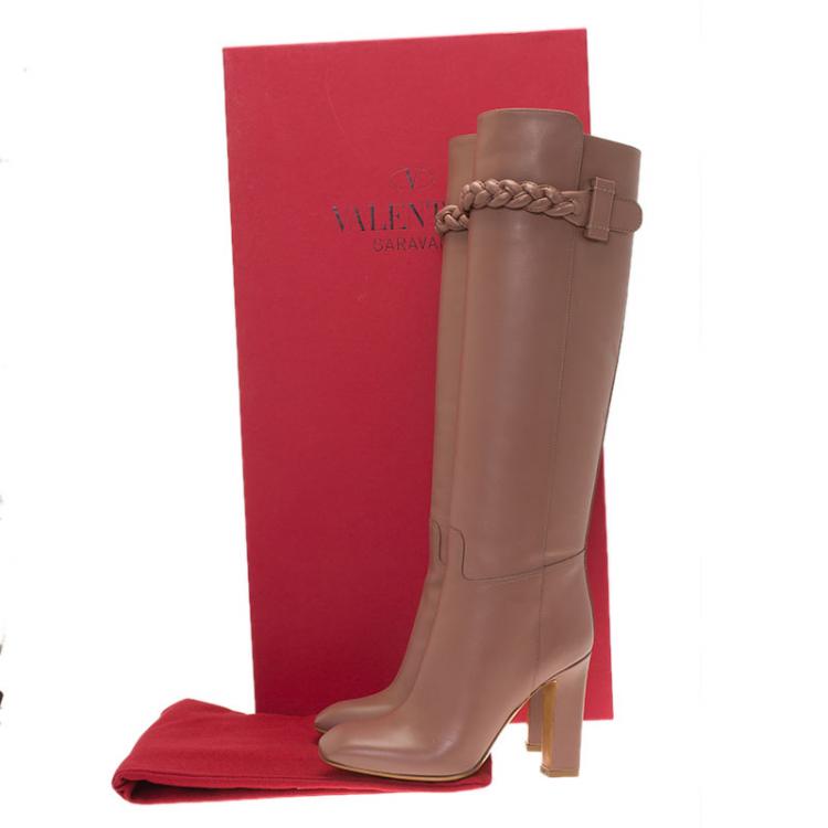 Pre Owned Valentino Blush Pink Leather Braided Over the Knee Boots Size 36.5