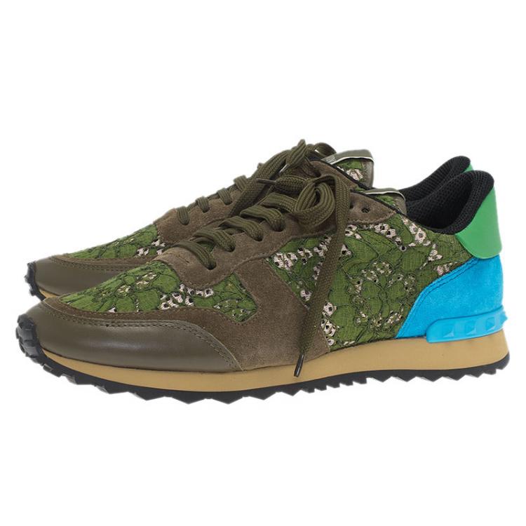 Pre Owned Valentino Olive Leather and Macramé Lace Sneakers Size 41