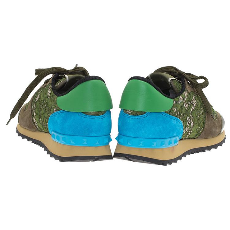 Pre Owned Valentino Olive Leather and Macramé Lace Sneakers Size 41
