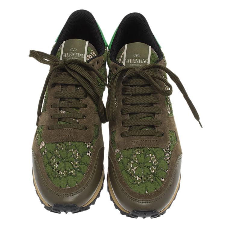 Pre Owned Valentino Olive Leather and Macramé Lace Sneakers Size 41
