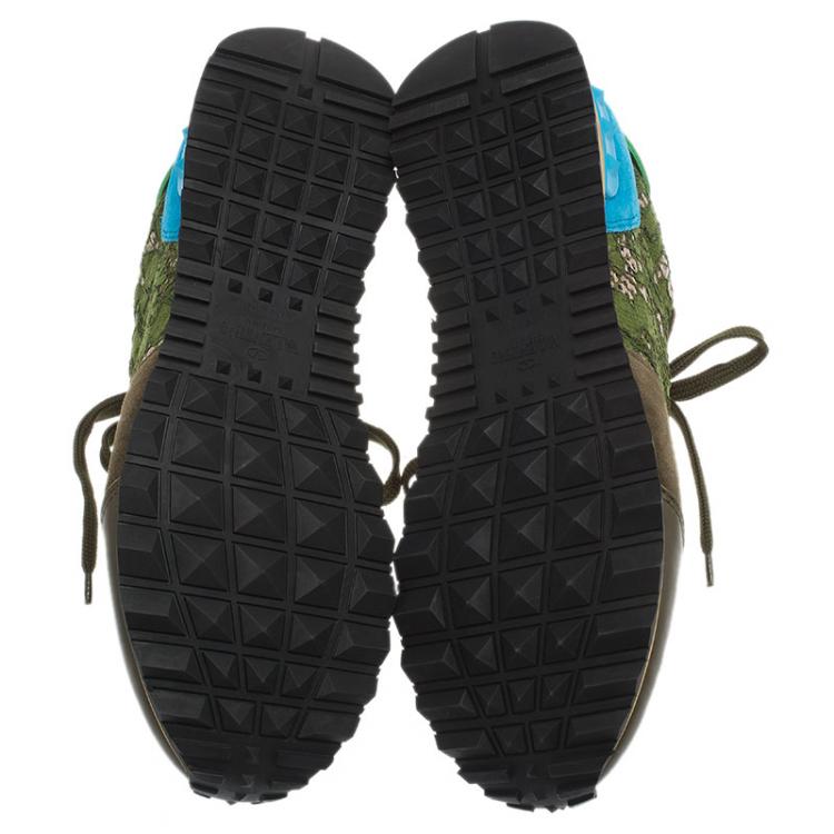 Pre Owned Valentino Olive Leather and Macramé Lace Sneakers Size 41