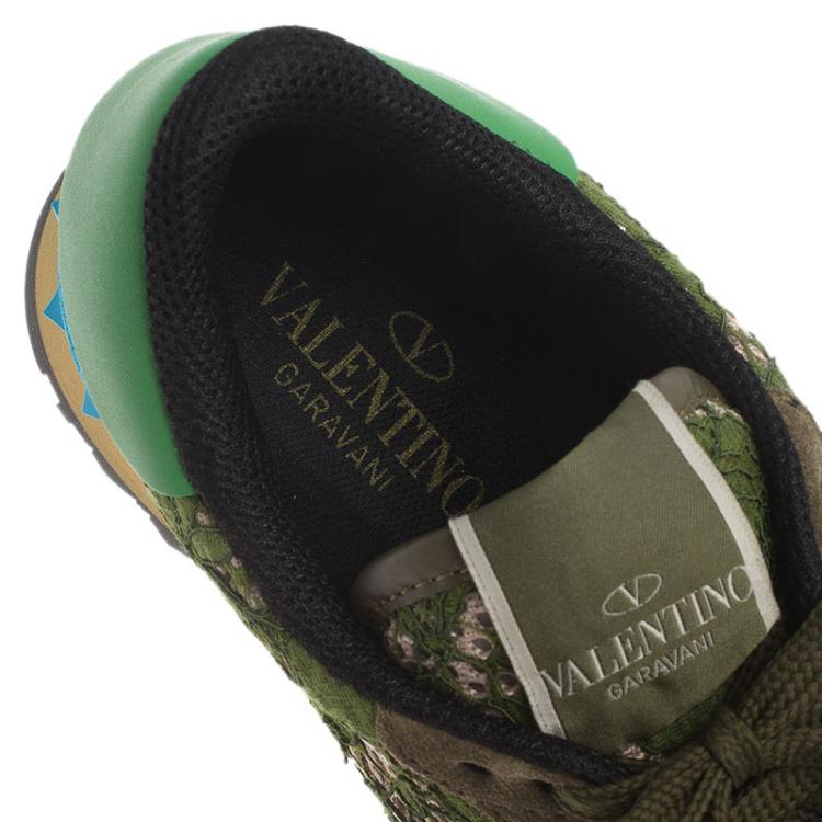 Pre Owned Valentino Olive Leather and Macramé Lace Sneakers Size 41