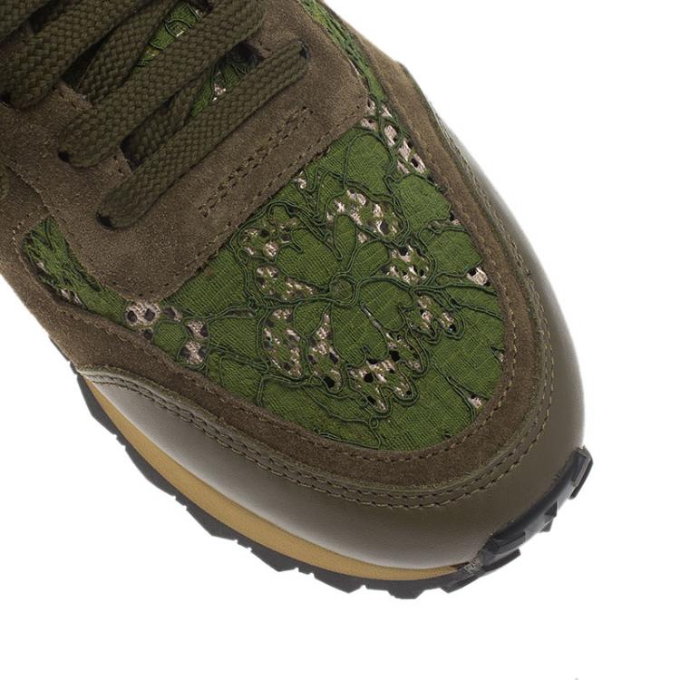 Pre Owned Valentino Olive Leather and Macramé Lace Sneakers Size 41
