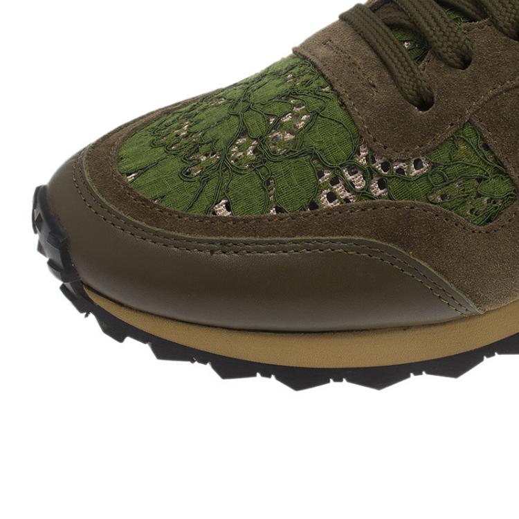Pre Owned Valentino Olive Leather and Macramé Lace Sneakers Size 41