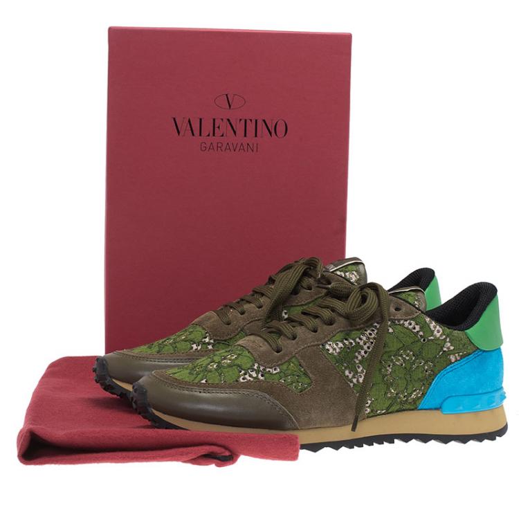 Pre Owned Valentino Olive Leather and Macramé Lace Sneakers Size 41