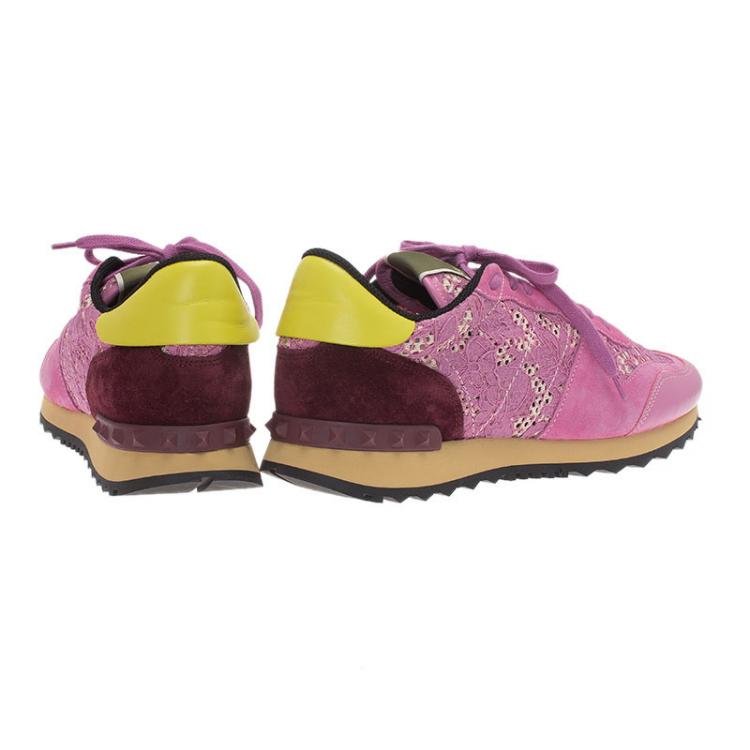Pre Owned Valentino Pink Leather and Macramé Lace Sneakers Size 41