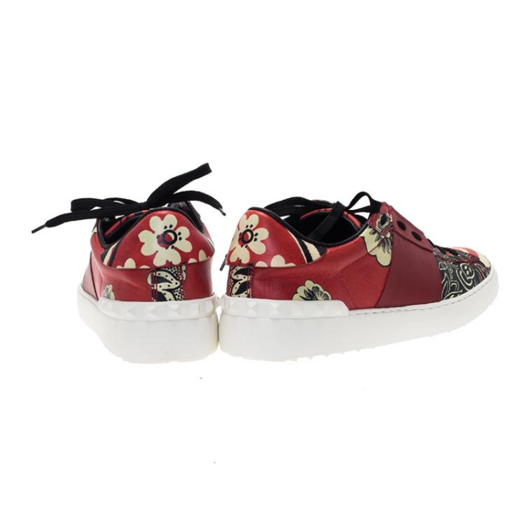 Pre Owned Valentino Red Printed Leather Open Sneakers Size 40