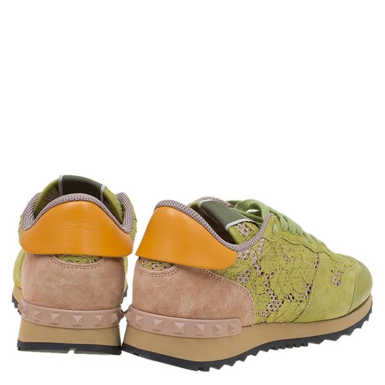 مملوكة مسبقًا Valentino Lime Green Leather and Macramé Lace Sneakers Size 40.5