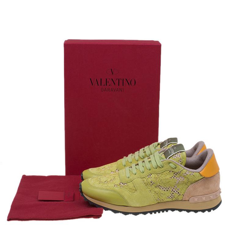مملوكة مسبقًا Valentino Lime Green Leather and Macramé Lace Sneakers Size 40.5