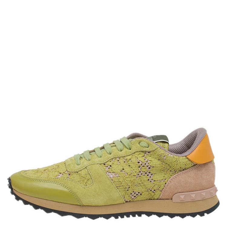Pre Owned Valentino Lime Green Leather and Macramé Lace Sneakers Size 41