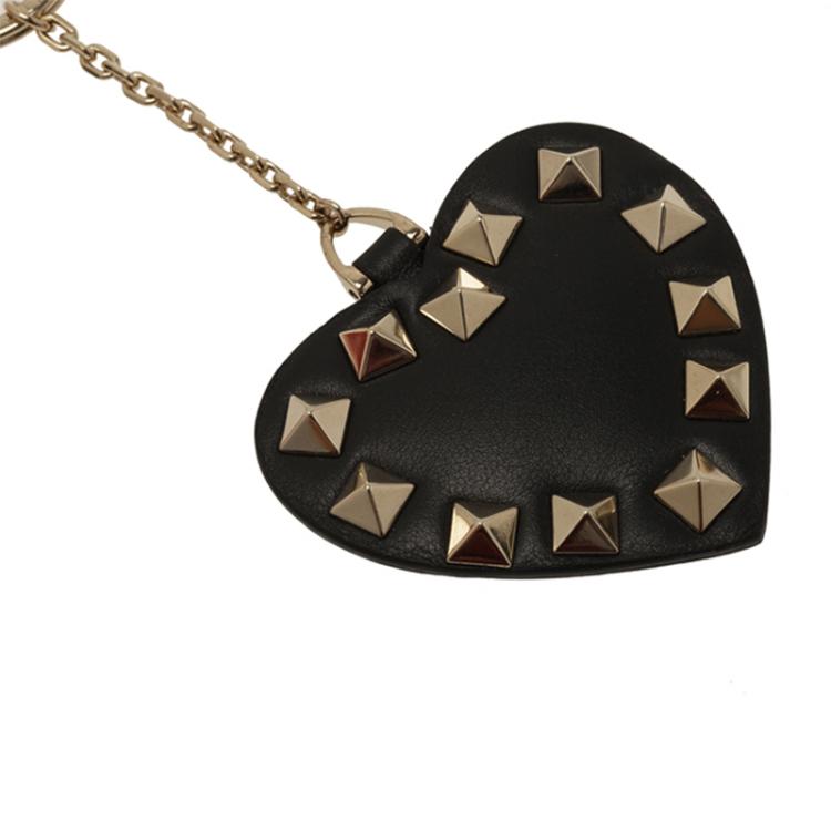 مملوكة مسبقًا Valentino Black Leather Heart Rockstud Keyring 