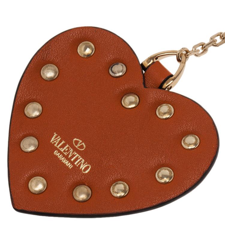 Pre Owned Valentino Orange Leather Heart Rockstud Keyring 