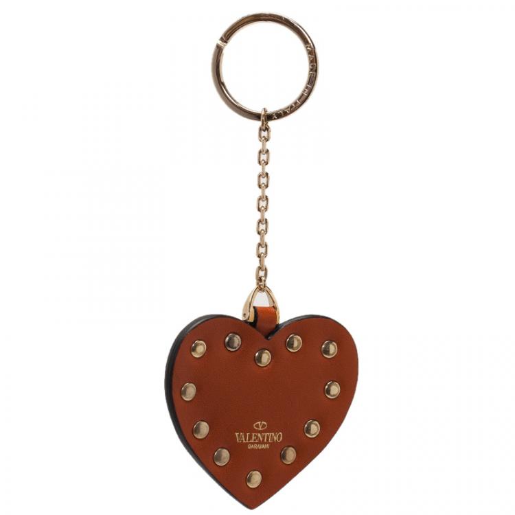 Pre Owned Valentino Orange Leather Heart Rockstud Keyring 