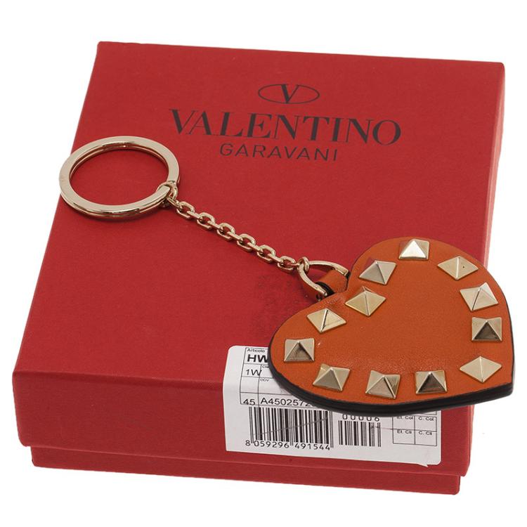 Pre Owned Valentino Orange Leather Heart Rockstud Keyring 