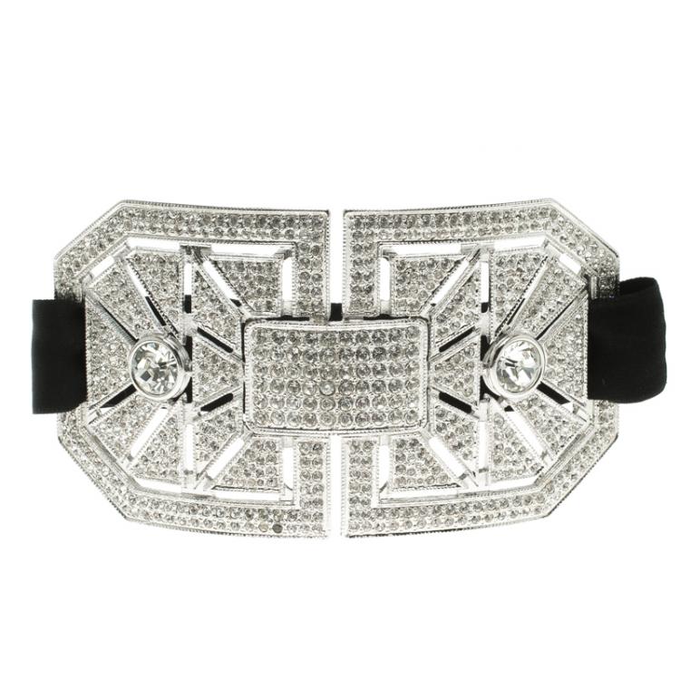 Pre Owned Valentino Crystal Embellished Silver Tone Black Ribbon Choker Necklace 