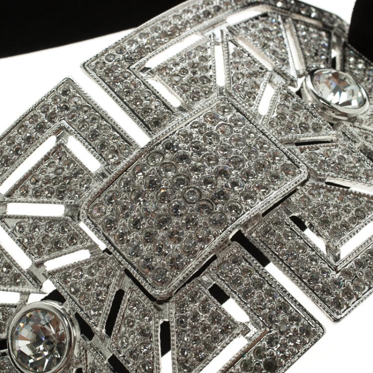 Pre Owned Valentino Crystal Embellished Silver Tone Black Ribbon Choker Necklace 