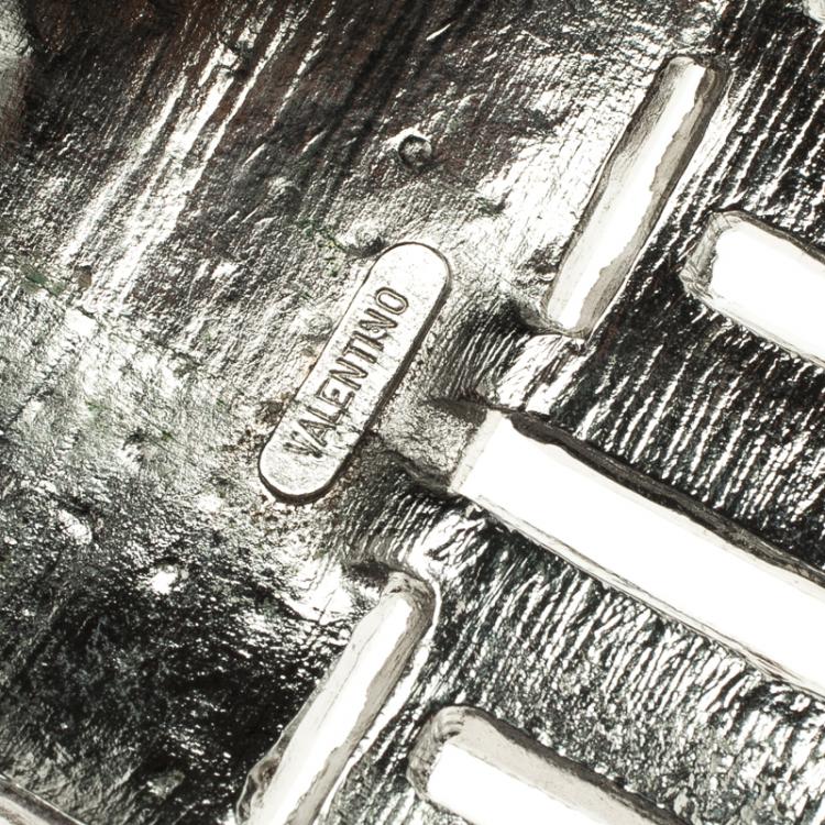 Pre Owned Valentino Crystal Embellished Silver Tone Black Ribbon Choker Necklace 