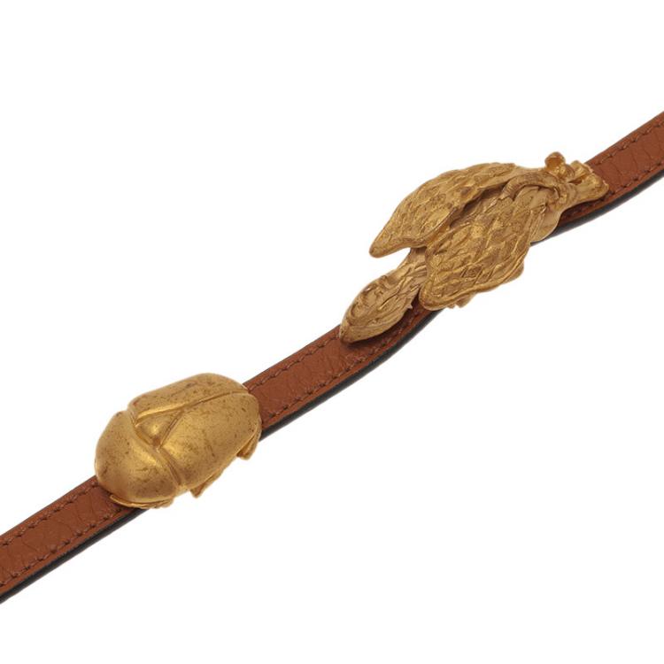 Pre Owned Valentino Scarab And Gryphon Brown Leather Double Wrap Bracelet