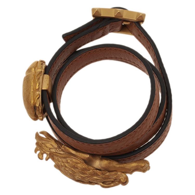 Pre Owned Valentino Scarab And Gryphon Brown Leather Double Wrap Bracelet