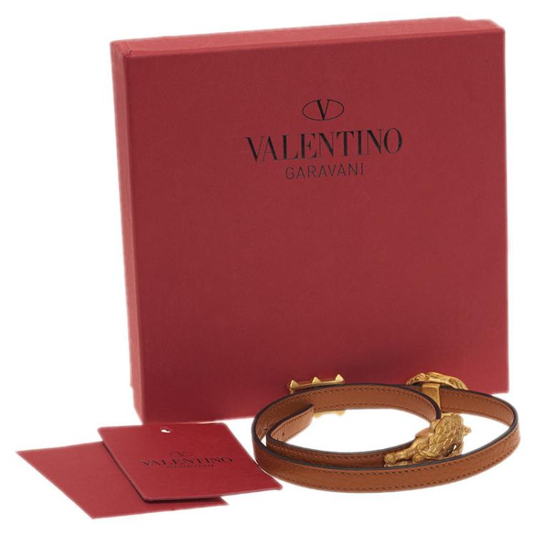 Pre Owned Valentino Scarab And Gryphon Brown Leather Double Wrap Bracelet
