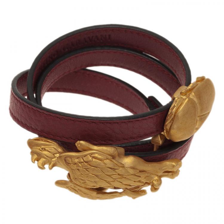 Pre Owned Valentino Scarab And Gryphon Red Leather Double Wrap Bracelet