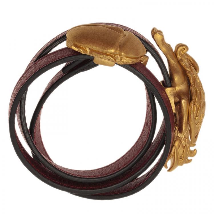 Pre Owned Valentino Scarab And Gryphon Red Leather Double Wrap Bracelet